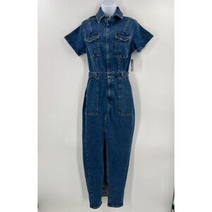 Good American Women Size Medium Fit For Success Denim Short Sleeve Maxi Dress